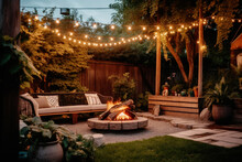 Cosy Outdoor Patio With A Fire Pit  In The Backyard 