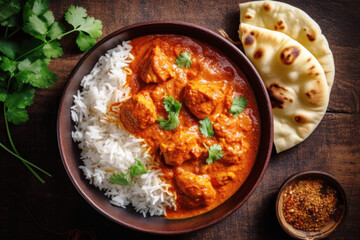 Tikka masala curry with tandoori chicken in a plate, with rice and naan bread on a dark background.