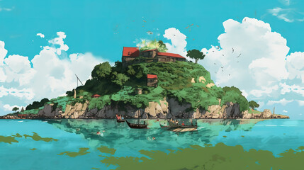 a majestic beautiful anime concept art illustration of a peaceful place on earth, island with boats, ai generated image