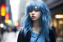 Street Portrait Of A Fictional Japanese Teenager Girl With Dyed Blue Hair. Generative AI Illustration.