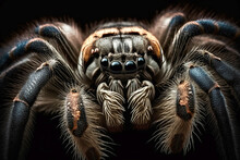Tarantula  Spider Head Close Up On Black Background, Created With Generative AI Technology