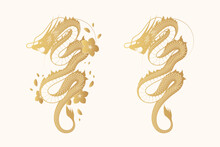 Golden Mythology Dragon With Flowers And Brushstroke. Japanese Hand Drawn Vector Illustration Isolated On White Background  For Greeting Card And Poster.