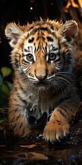 Wall Mural - tiny tiger baby in the jungle - closeup created using generative AI tools