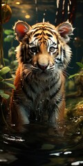 Wall Mural - tiny tiger baby in the jungle - closeup created using generative AI tools
