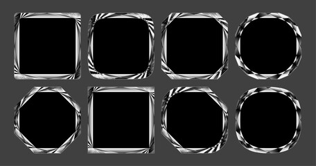 Chrome metal frames. Geometric silver square frame borders vector set