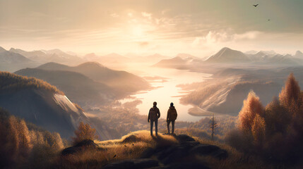 two people on a hill overlooking a lake and mountains