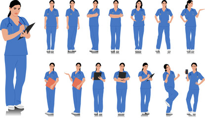 Wall Mural - Hand-drawn healthcare worker. Happy smiling doctor with a stethoscope. Female nurse in blue uniform poses. Different color options. Vector flat style illustration set isolated on white