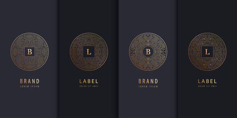 Vector set of logo design templates, brochures, flyers, packaging design in trendy linear art deco, letters in circles. Use for luxury products, wedding invitations, organic cosmetics, wine packaging