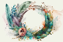 Watercolor Floral Boho Illustration - Wreath With Colorful Green Leaves  Feather %26 Vivid Flowers  For Wedding Stationary  Greetings  Wallpapers  Fashion  Backgrounds  Textures  DIY  Wrappers  Cards.
