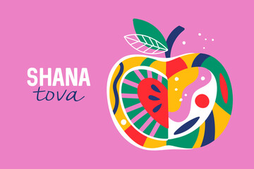 Jewish holiday Rosh Hashanah greeting card design with apple. Childish print for background, banner or poster design