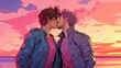 illustration of two gay guys kissing with synthwave colors sunset
