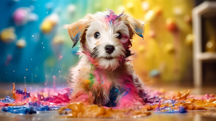 Puppy dog playing in colorful water color , dirty with color splash , Created with Generative Ai Technology