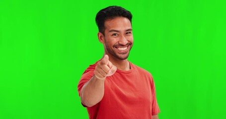Wall Mural - man, green screen and face with point at you for choice, selection or recruitment with smile in mock