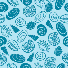 Wall Mural - Sea shells vector seamless pattern. Summer beach hand-drawn doodle seaside print.