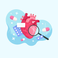 Cardiology. Checking heart health and cardiovascular pressure. Vector illustration in flat style