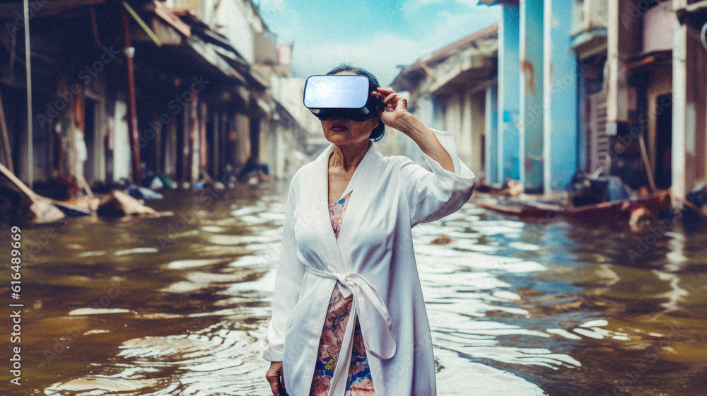 Old asian woman wearing a virtual reality headset on a flooded Asian street. Made with Generative AI