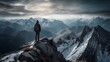 Aerial view of a landscape with a dramatic sky showing an adventurous hiker standing on an icy peak with rocky mountains. Generative AI