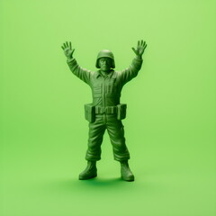 green army man toy with arms raised isolated on plain studio background made with generative ai