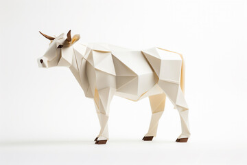 Abstract origami paper art dairy cow isolated on white background, folded paper style animal with polygon shapes. Generative AI.