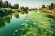 Water pollution by blooming blue-green algae - Cyanobacteria is world environmental problem. Water bodies, rivers and lakes with harmful algal blooms. Ecology concept of polluted nature. Generative AI