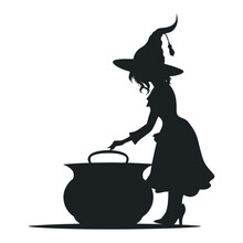 Silhouette Of A Young Witch With A Cauldron. Happy Halloween