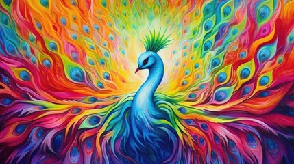 Rainbow peacock in a digital artwork where dark lines intertwine with vivid colors