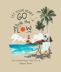 typography slogan with beach view and palm trees vector illustration