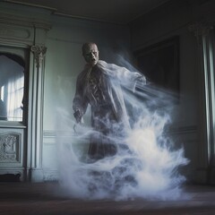 Poster - ghosts in a window of a haunted house at night in foggy weather