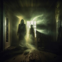 Poster - ghosts in a window of a haunted house at night in foggy weather