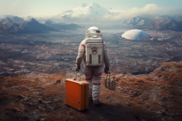  interstellar journey with an astronaut holding a suitcase