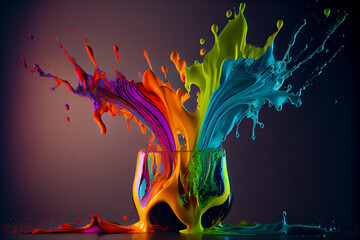 Exploding liquid paint in rainbow colors with splashes. Created with Generative AI technology