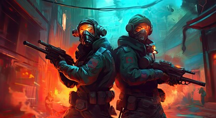 Two soldiers with rifles. Modern combat shooter game tournament background. 