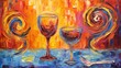 Abstract drinking picture with glasses of wine. Stylized artistic painting is made in oil on canvas. Digital artistic background. Generative AI. Illustration for banner, poster, cover or brochure.