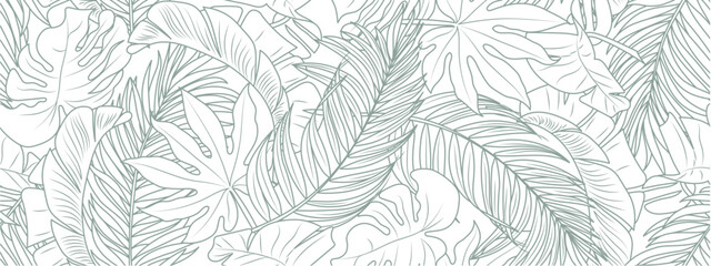 Tropical leaf line art wallpaper background vector. Design of natural monstera leaves and banana leaves in a minimalist linear outline style. Design for fabric, print, cover, banner, decoration.