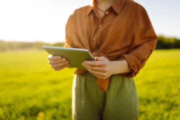 Smart farm. Female farmer uses a specialized app on a digital tablet for checking wheat. Agriculture, gardening or ecology concept.