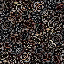 Seamless Abstract Floral Pattern With Multicolored Geometric Leaves On A Black Background. Grey And Brown Foliage. Graphic Textile Texture. Art Deco Traditional Palmette. Vector Illustration.
