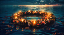 A Wreath Made Of Flowers And Candles Floating In Water