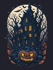 Wall Mural - pumpkins outside a scary house, night of halloween, creepy house, tenebrous halloween mansion, halloween illustration, by generative ai