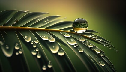 Morning dew on a green tropical leaf close-up illustration freshness of drops of water on leaves after the rain floral background of nature picture