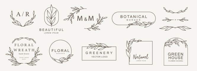 logo templates with hand drawn branches and leaves in line art. elegant vector floral frame, wreath 