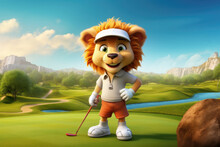 Cute Cartoon Lion Dressed As A Golfer On A Golf Course