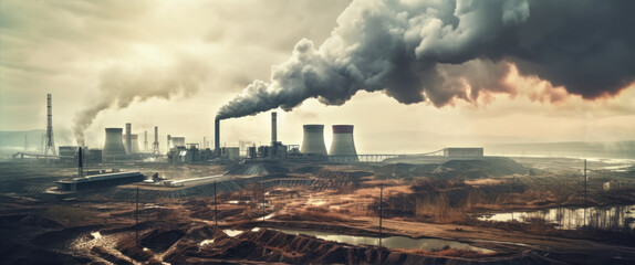 Wall Mural - Coal power plant pollution, smoking industrial chimneys. Barren dirty environment. Generative AI