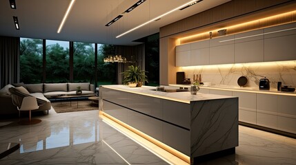 modern minimalist kitchen , close up shot, beige cabinets floor to ceiling, combined with walnut woo