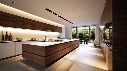 Wall Mural - Modern minimalist kitchen , close up shot, beige cabinets floor to ceiling, combined with walnut wood open cabinets with led lights, floating ceiling. Natural light. generative AI.