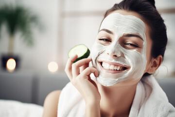 Happy and smiling young woman with facial mask on her face and slice of fresh cucumber in her hand