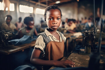 Wall Mural - Small African black girl portrait with blurred textile factory background, Illegal child labour in sweatshop manufacturing concept, documentary style. Generative AI