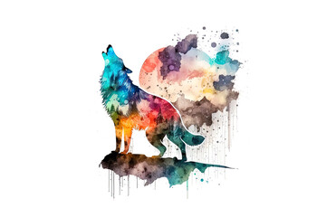 Poster - Wolf howling at the moon painted with watercolors isolated on a white background. Generated by AI