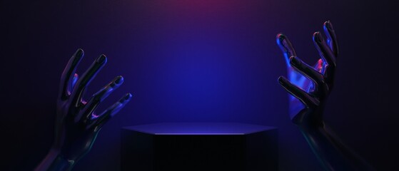 Wall Mural - 3d illustration rendering of technology futuristic cyberpunk display, gaming scifi stage pedestal ba