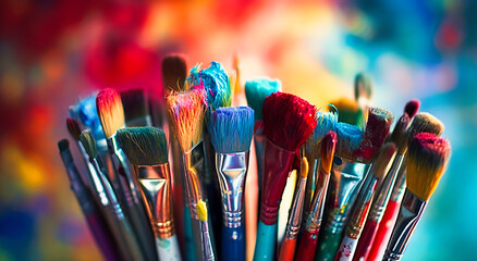 art brushes with artistic paints sitting down