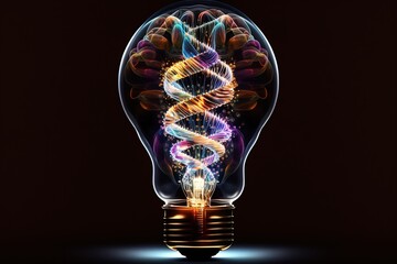 light bulb with dna helix on black background